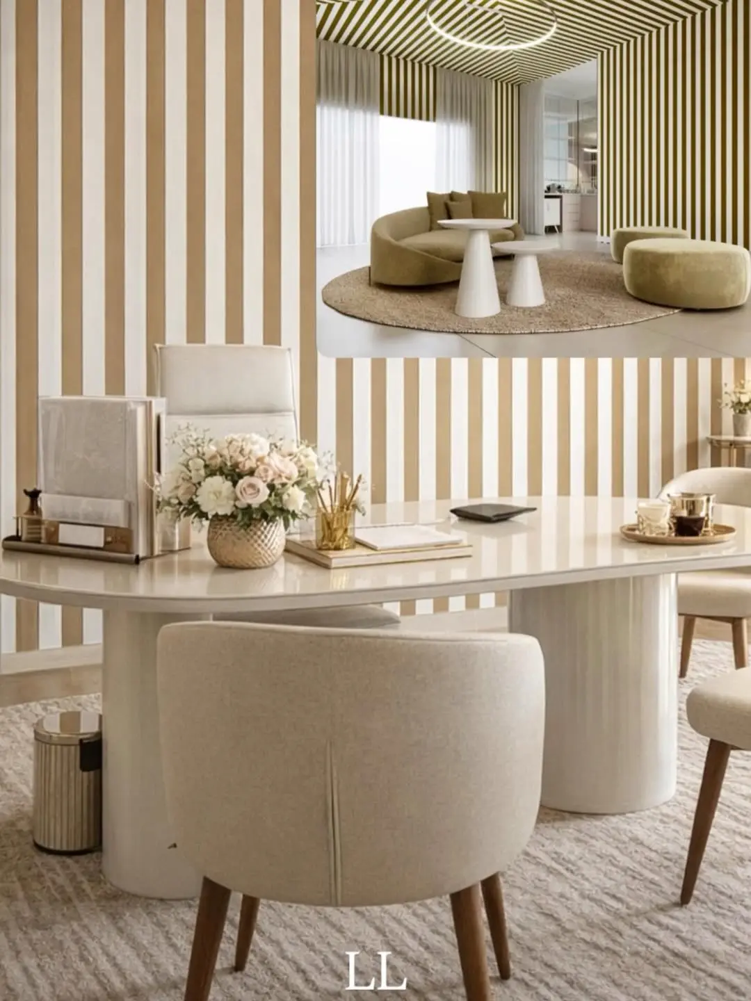 Mesa de atendimento com cadeiras estofadas, flores e parede listrada
